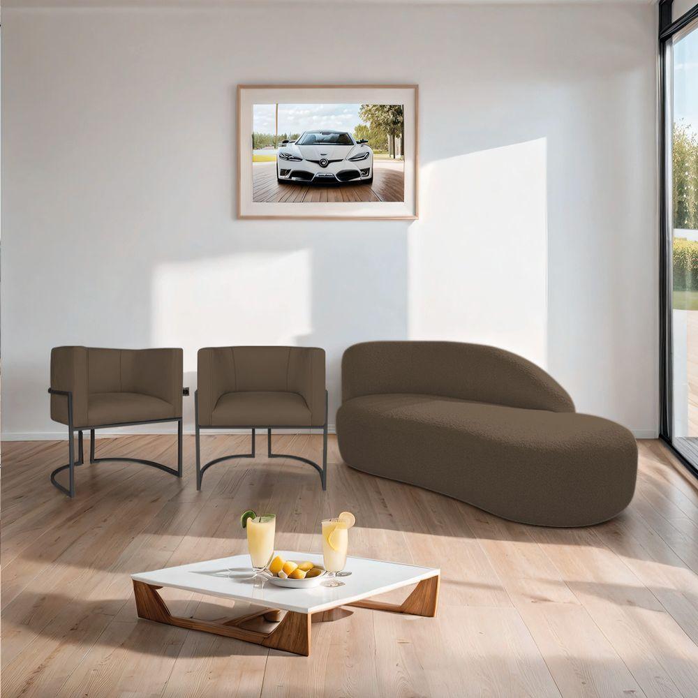 Kit Divã Luna 140cm Lado Direito E 02 Poltronas Base De Ferro Preto Suede Cor Marrom - 5