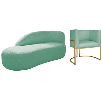 Kit Divã Luna 160cm Lado Esquerdo E 01 Poltrona Base De Ferro Dourado Suede Cor Azul Tiffany