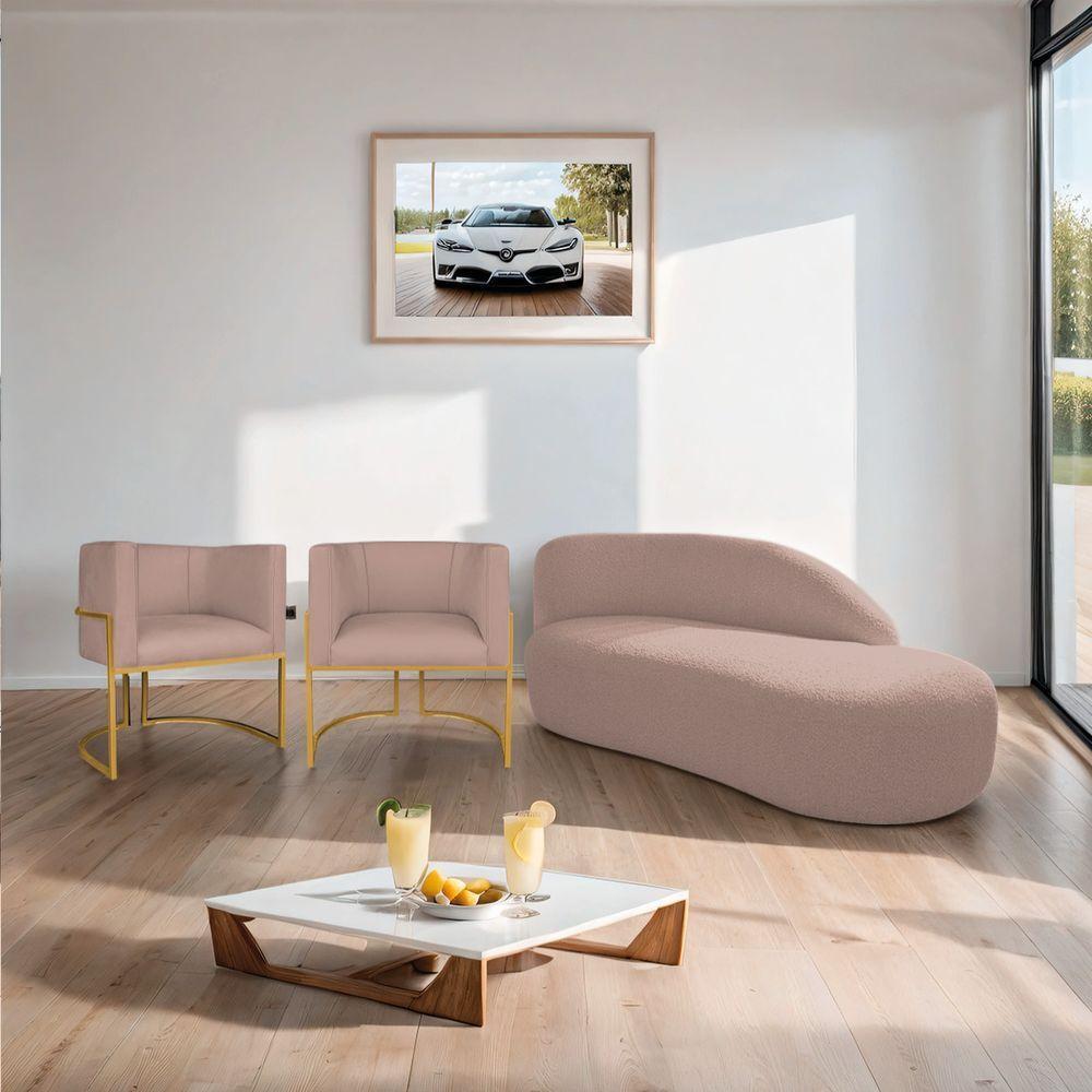 Kit Divã Luna 160cm Lado Direito E 02 Poltronas Base De Ferro Dourado Linho Cor Rosê - 8