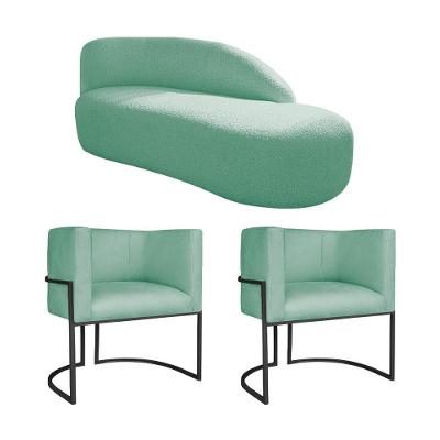 Kit Divã Luna 185cm Lado Direito E 02 Poltronas Base De Ferro Preto Suede Cor Azul Tiffany