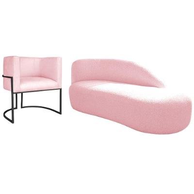 Kit Divã Luna 185cm Lado Direito E 01 Poltrona Base De Ferro Preto Suede Cor Rosa Bebê