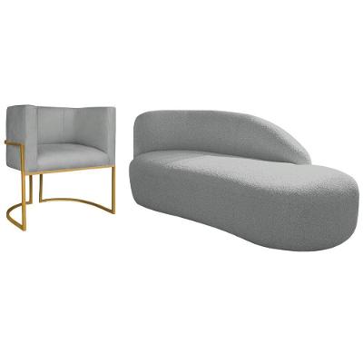 Kit Divã Luna 160cm Lado Direito E 01 Poltrona Base De Ferro Dourado Bouclé Cor Cinza