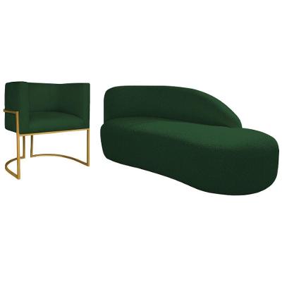 Kit Divã Luna 185cm Lado Direito E 01 Poltrona Base De Ferro Dourado Suede Cor Verde