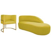 Kit Divã Luna 160cm Lado Direito E 01 Poltrona Base De Ferro Dourada Suede Cor Amarelo - 1
