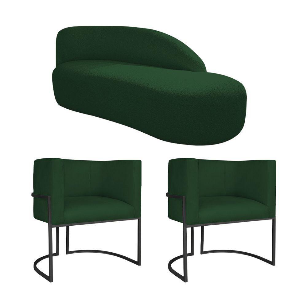 Kit Divã Luna 185cm Lado Direito E 02 Poltronas Base De Ferro Preto Suede Cor Verde - 1
