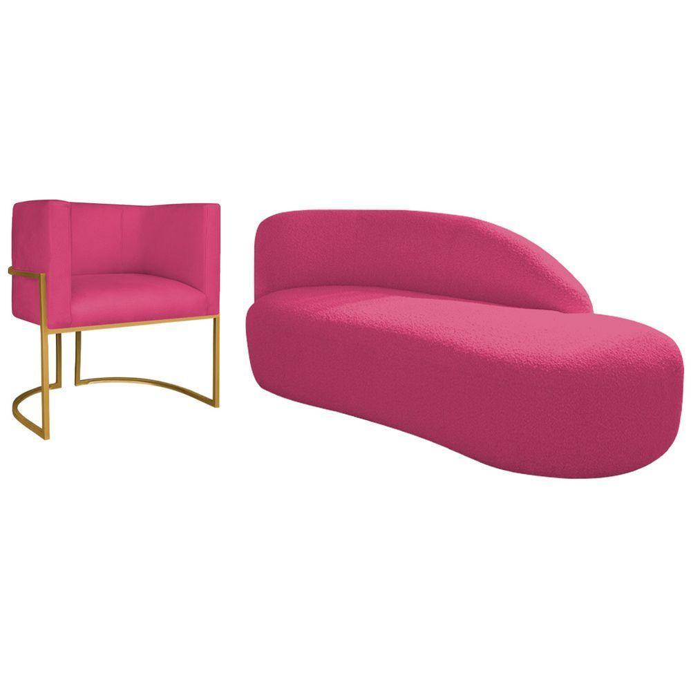 Kit Divã Luna 185cm Lado Direito E 01 Poltrona Base De Ferro Dourado Suede Cor Pink - 1