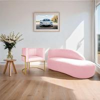 Kit Divã Luna 160cm Lado Direito E 01 Poltrona Base De Ferro Dourada Suede Cor Rosa Bebê - 8