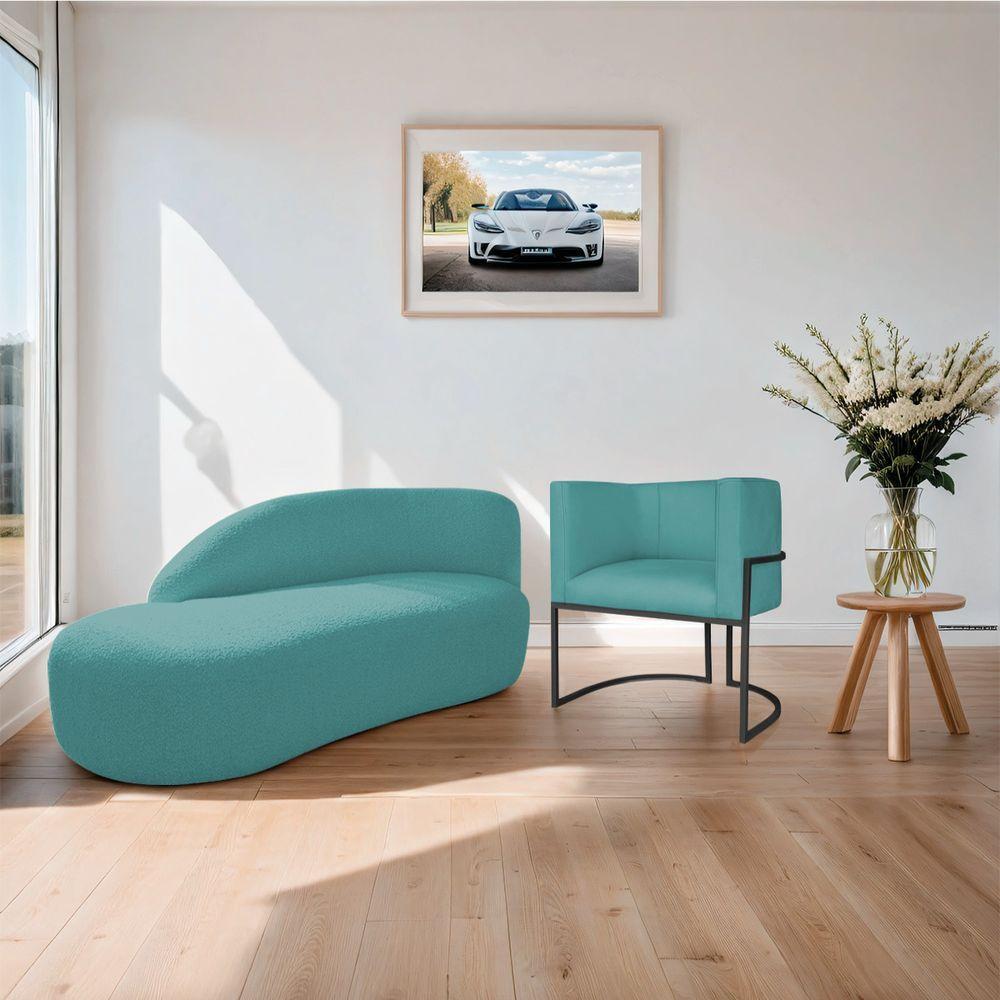 Kit Divã Luna 185cm Lado Esquerdo E 01 Poltrona Base De Ferro Preto Suede Cor Azul Turquesa - 8