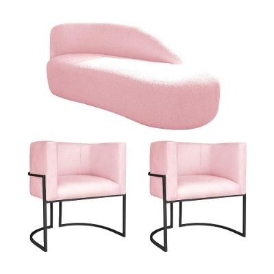 Kit Divã Luna 185cm Lado Direito E 02 Poltronas Base De Ferro Preto Suede Cor Rosa Bebê
