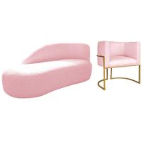 Kit Divã Luna 160cm Lado Esquerdo E 01 Poltrona Base De Ferro Dourado Suede Cor Rosa Bebê - 1