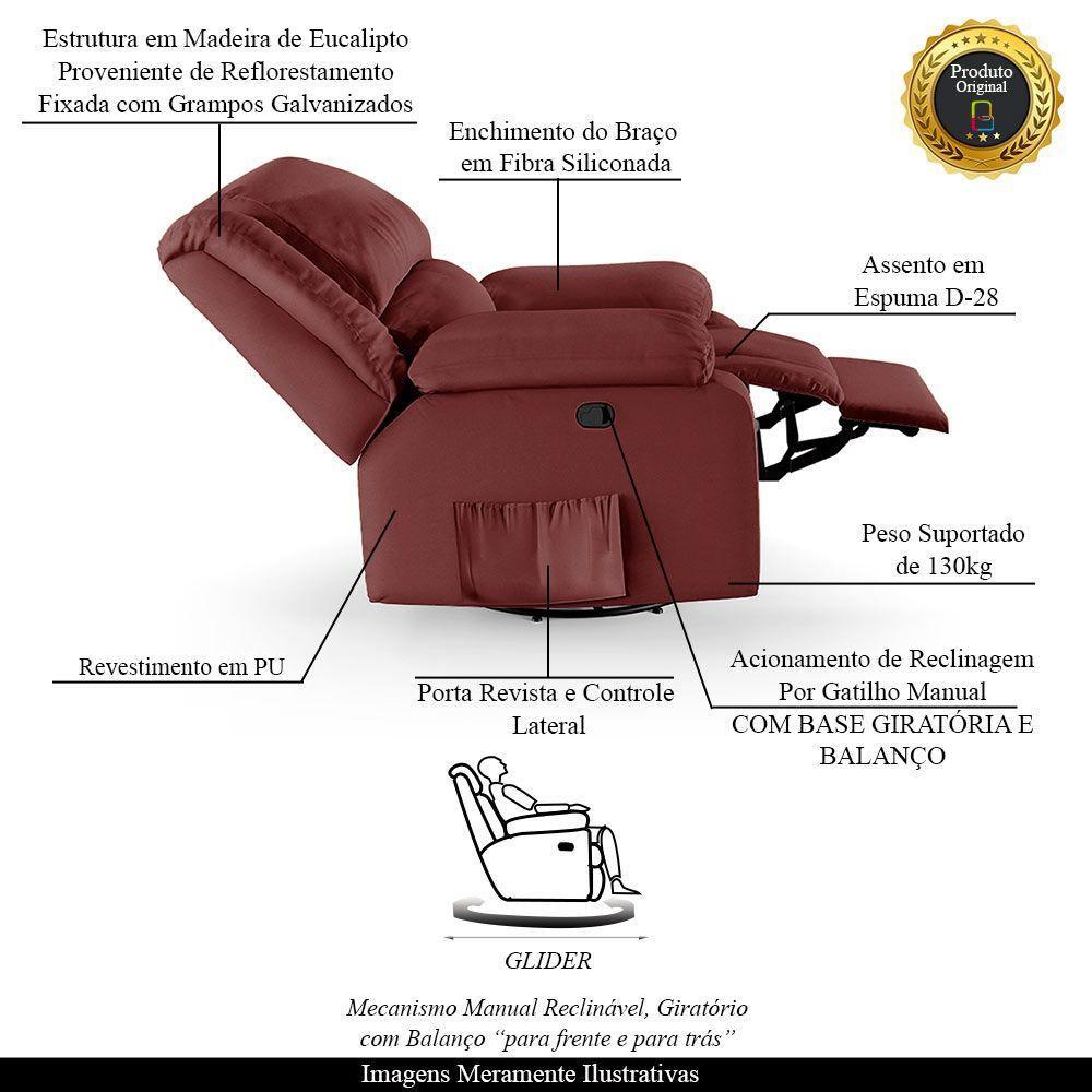 Poltrona Do Papai Reclinável Melim Glider Giratória Massagem Sintético Pu Fh1 - D'rossi Cor Vermelho - 2