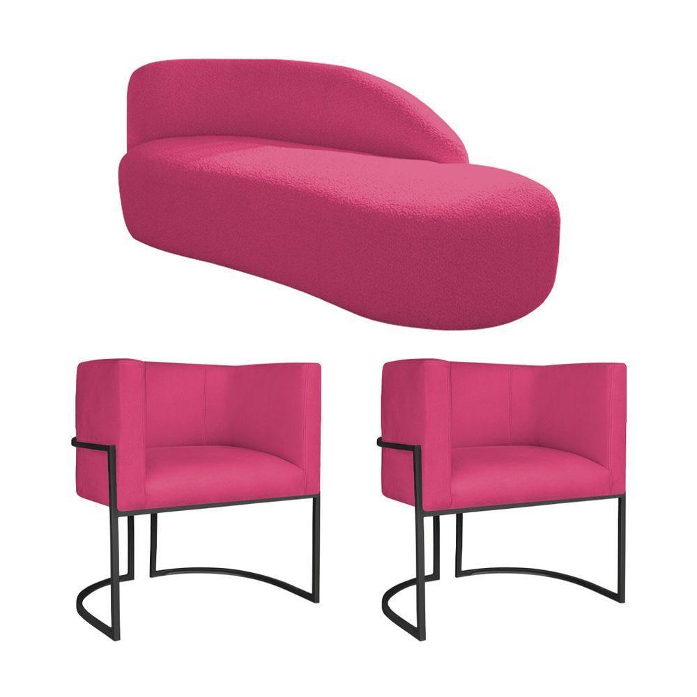 Kit Divã Luna 185cm Lado Direito E 02 Poltronas Base De Ferro Preto Suede Cor Pink - 1