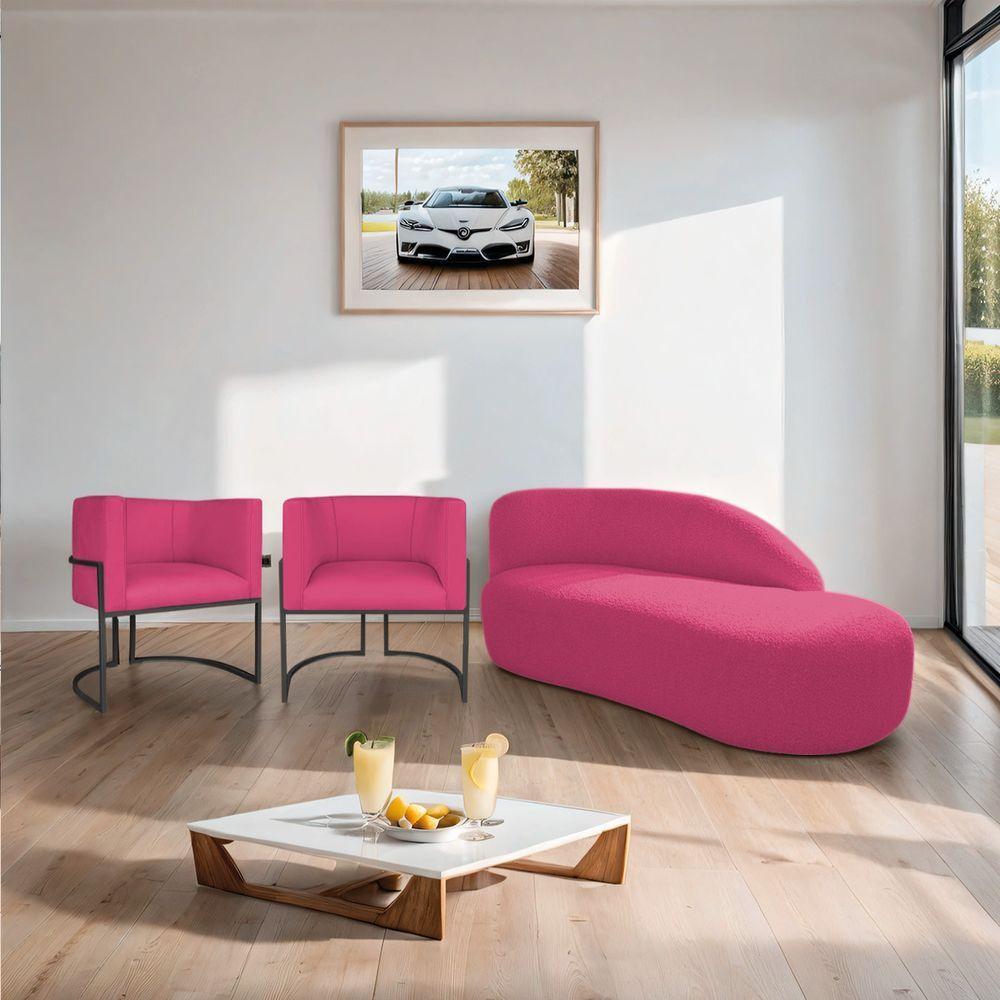 Kit Divã Luna 185cm Lado Direito E 02 Poltronas Base De Ferro Preto Suede Cor Pink - 7