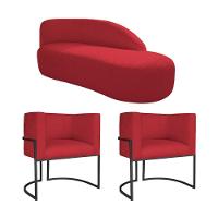 Kit Divã Luna 185cm Lado Direito E 02 Poltronas Base De Ferro Preto Suede Cor Vermelho - 1