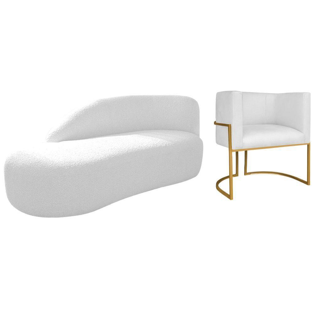 Kit Divã Luna 185cm Lado Esquerdo E 01 Poltrona Base De Ferro Dourado Suede Cor Branco - 1