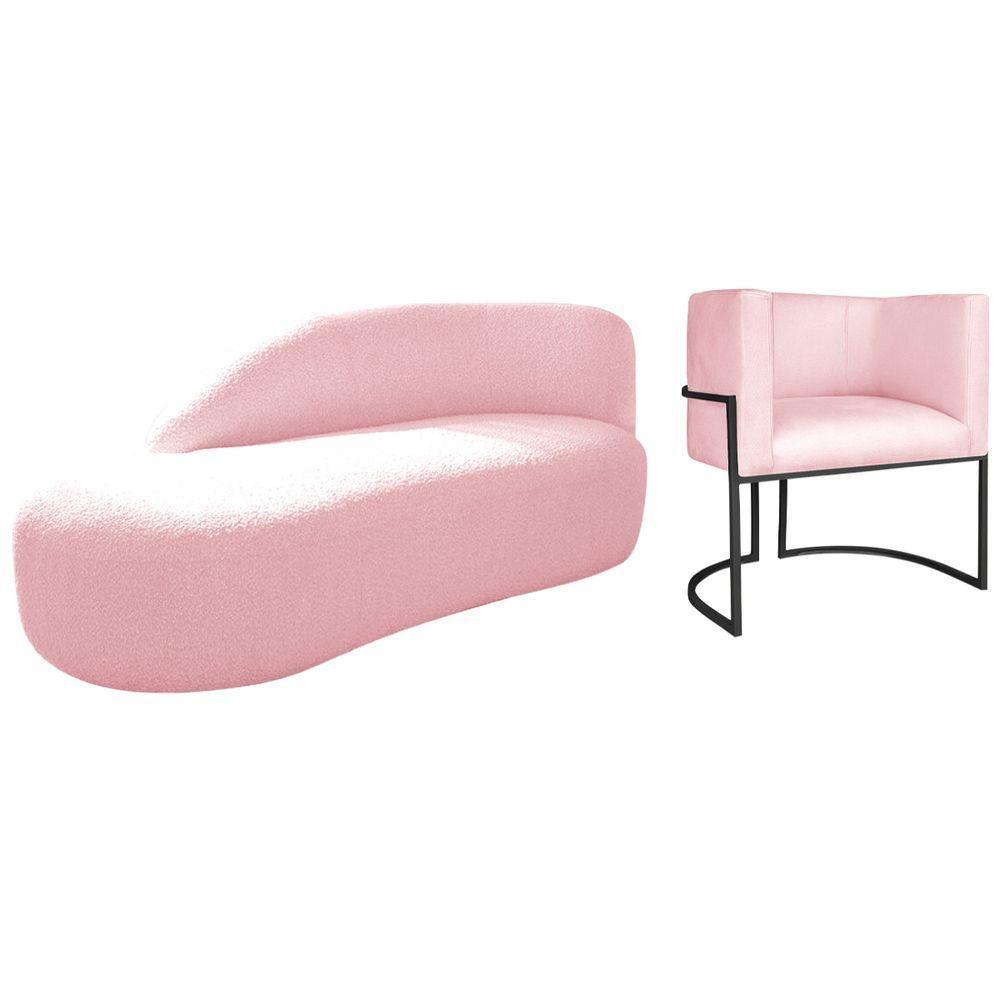 Kit Divã Luna 185cm Lado Esquerdo E 01 Poltrona Base De Ferro Preto Suede Cor Rosa Bebê - 1