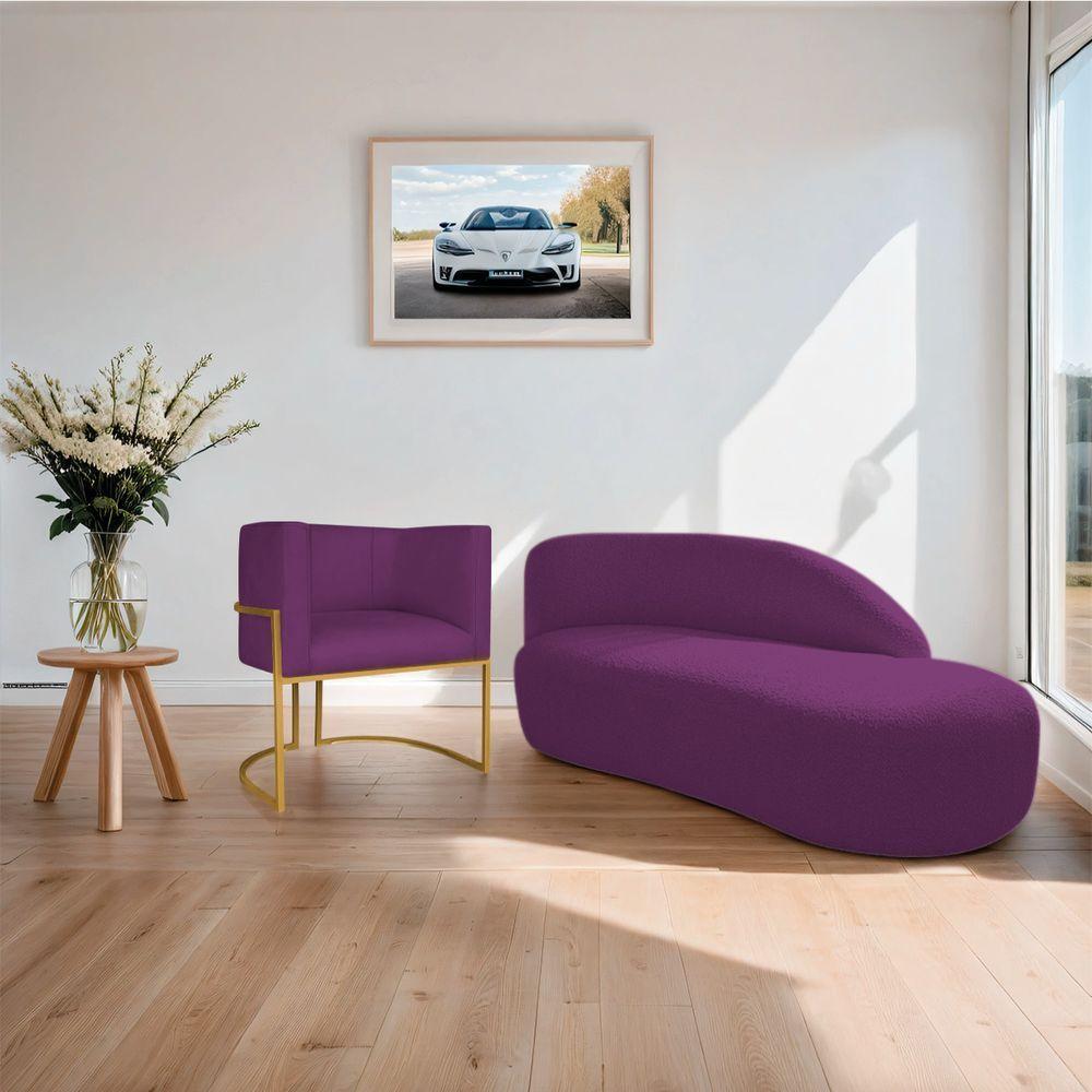 Kit Divã Luna 185cm Lado Direito E 01 Poltrona Base De Ferro Dourado Suede Cor Roxo - 1