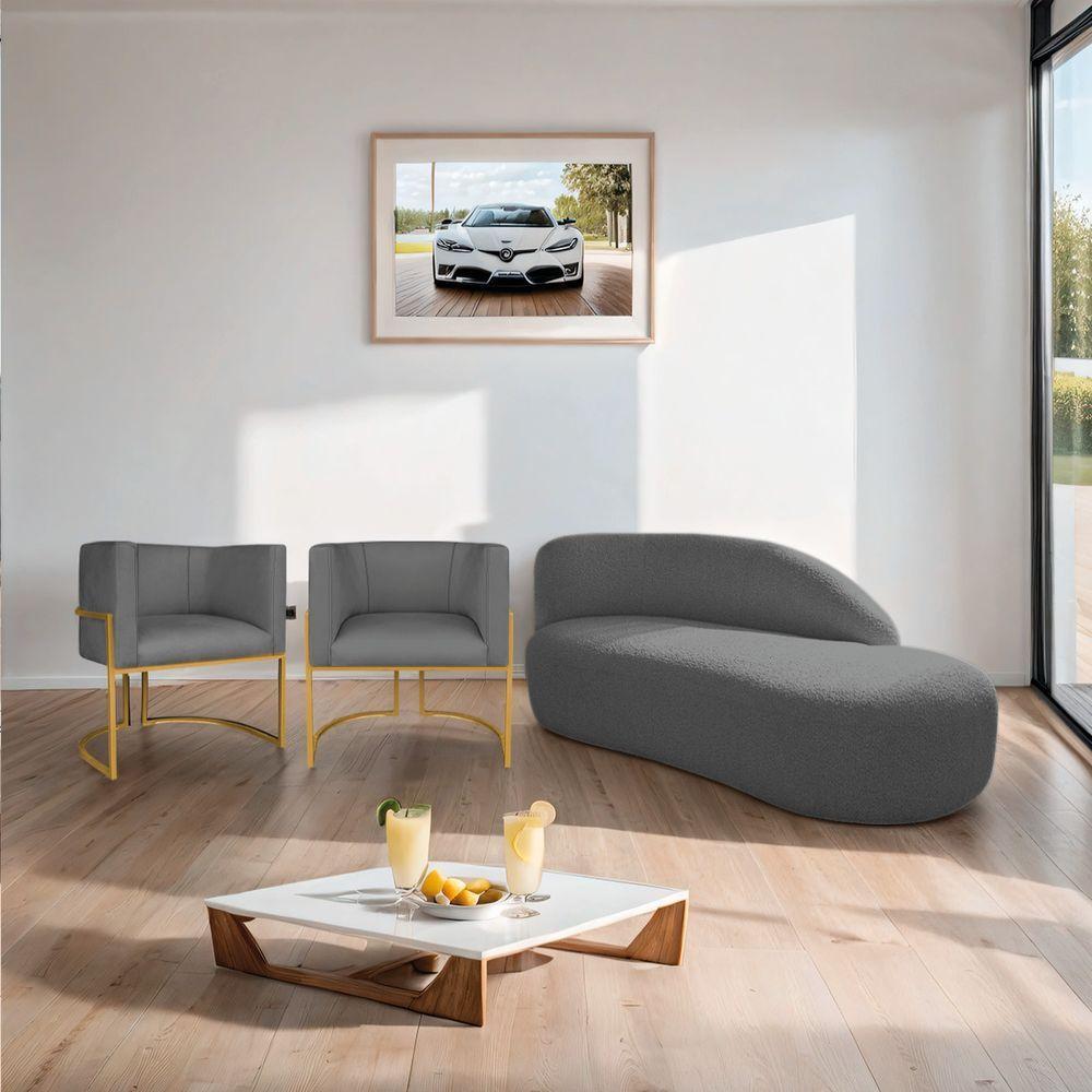 Kit Divã Luna 185cm Lado Direito E 02 Poltronas Base De Ferro Dourado Linho Cor Cinza Escuro - 8