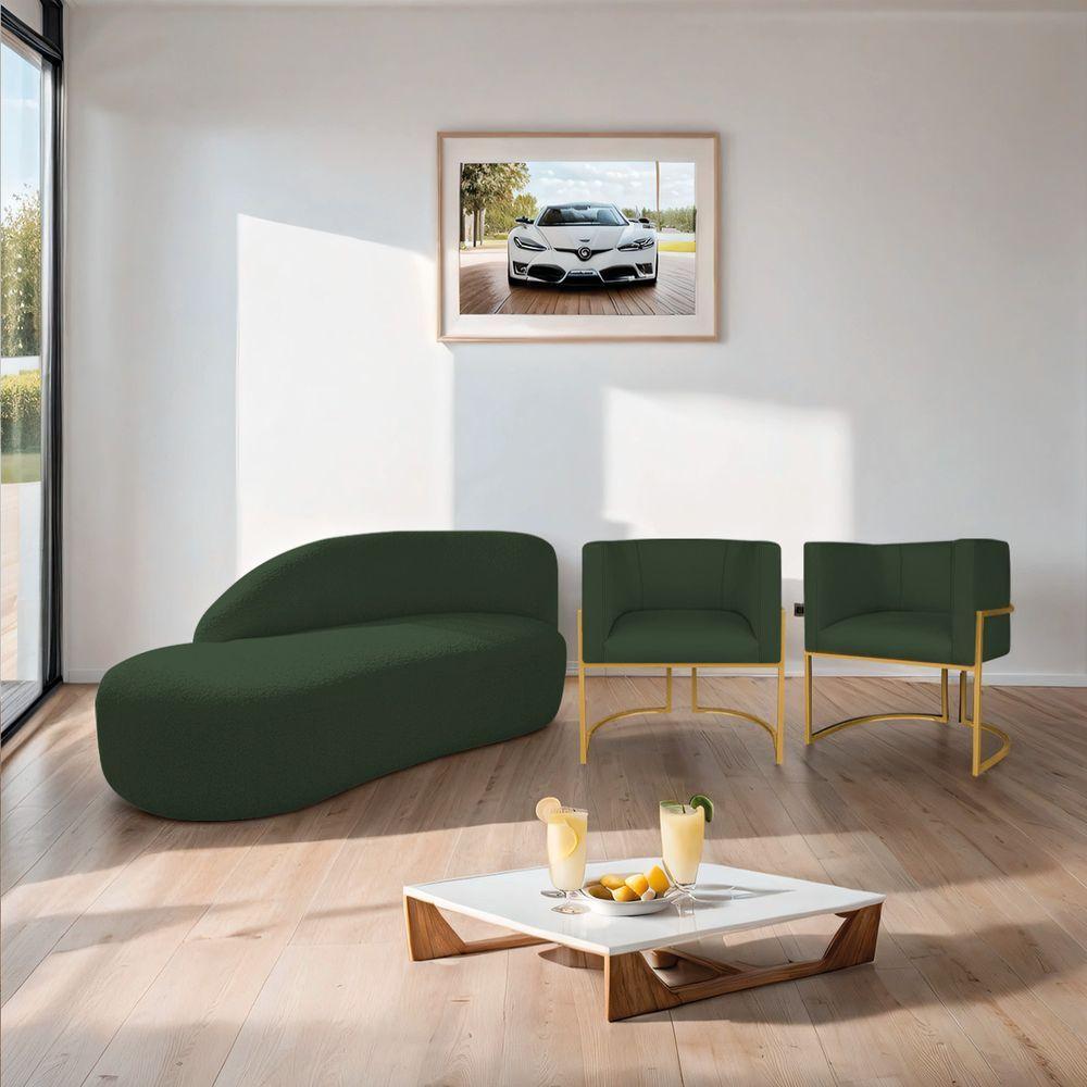 Kit Divã Luna 185cm Lado Esquerdo E 02 Poltronas Base De Ferro Dourado Linho Cor Verde - 8