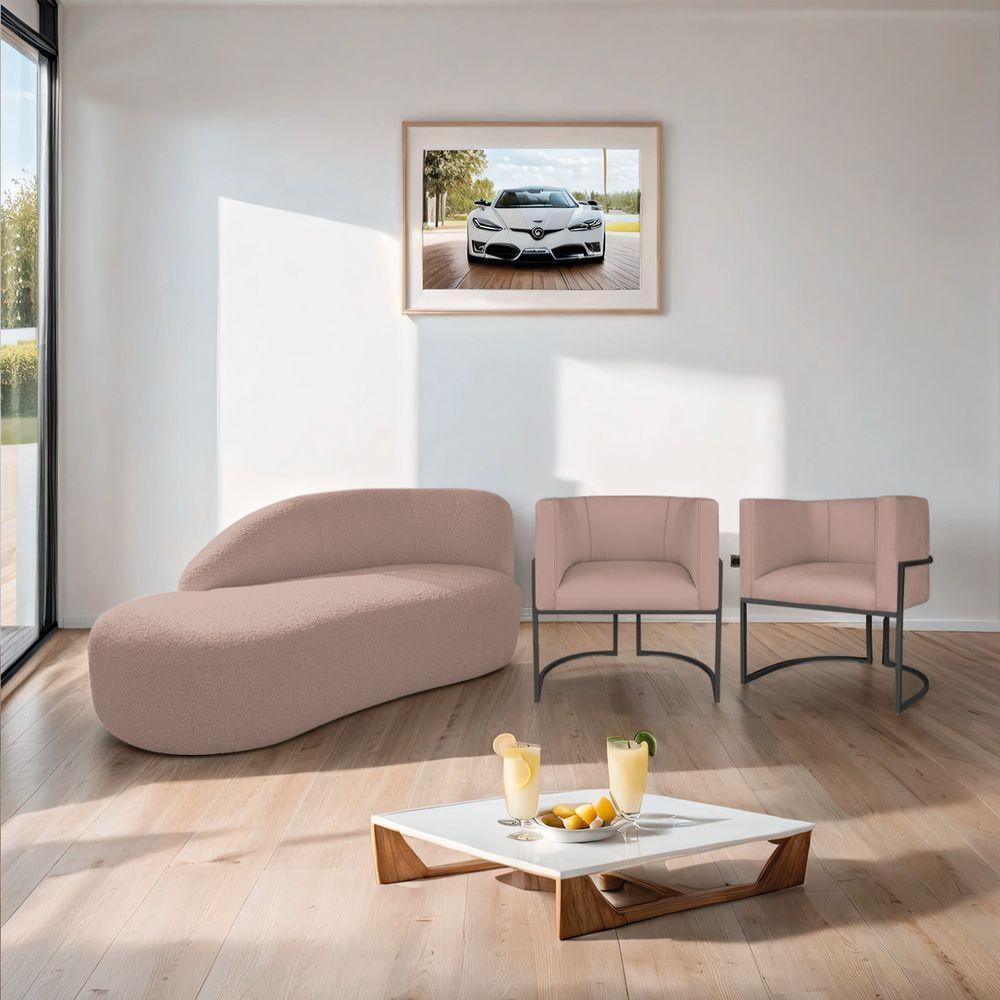 Kit Divã Luna 185cm Lado Esquerdo E 02 Poltronas Base De Ferro Preto Linho Cor Rosê - 10