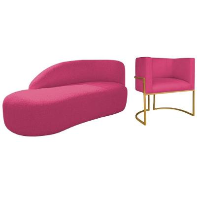 Kit Divã Luna 185cm Lado Esquerdo E 01 Poltrona Base De Ferro Dourado Suede Cor Pink