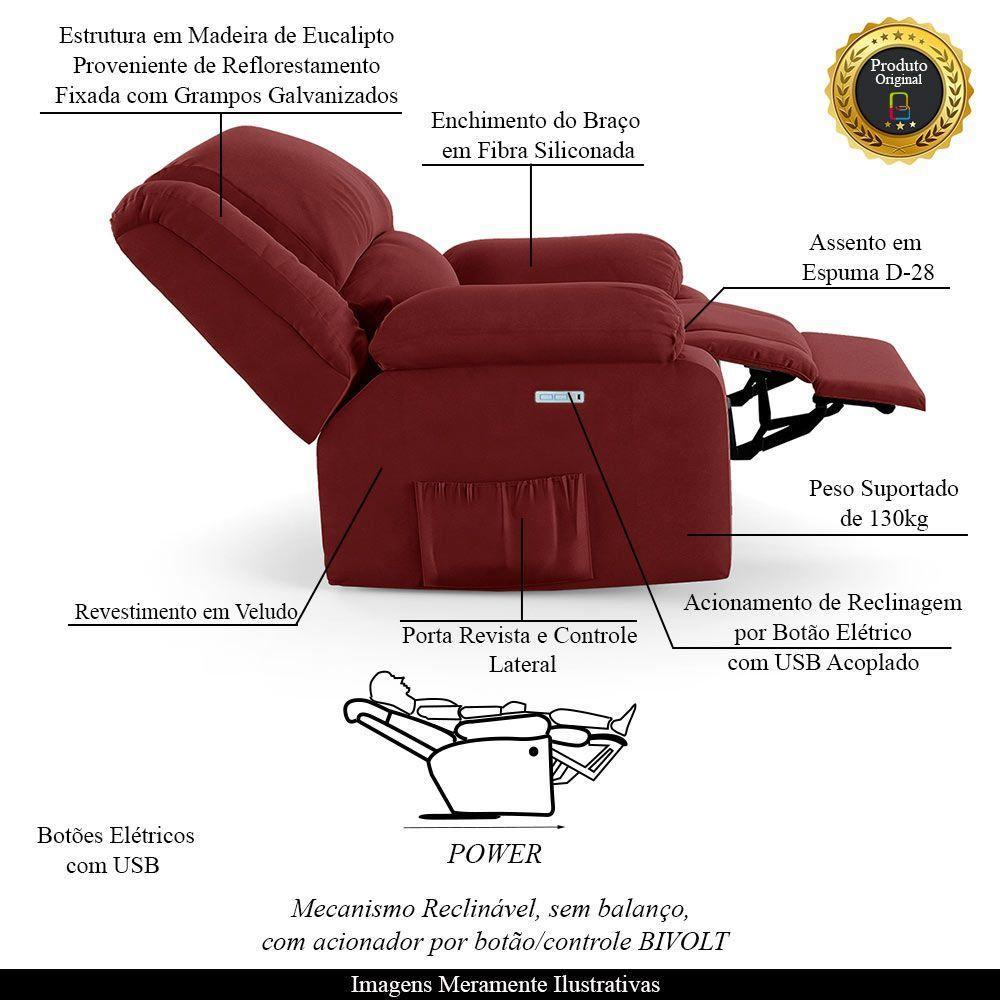 Poltrona Do Papai Reclinável Melim Elétrica Led Veludo Fh1 - D'rossi Cor Vermelho - 8
