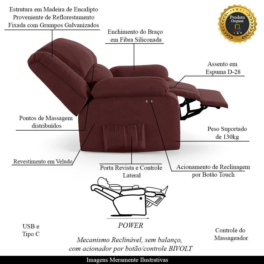 Poltrona Do Papai Reclinável Melim Power Touch Massagem Veludo Vinho Fh1 - D'rossi - 8