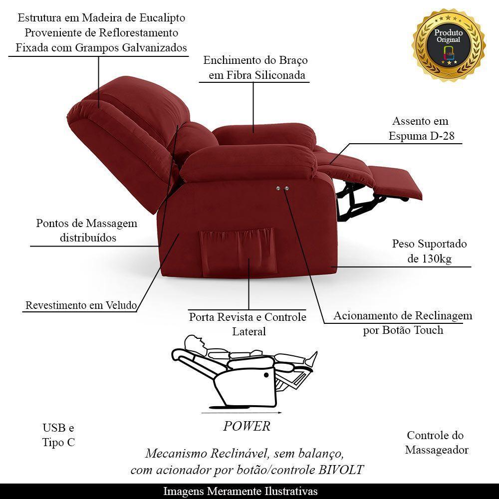 Poltrona Do Papai Reclinável Melim Power Touch Massagem Veludo Vermelho Fh1 - D'rossi - 6