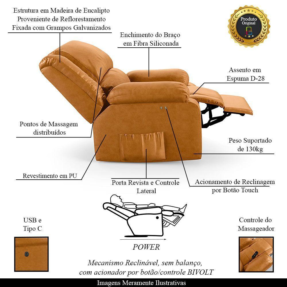 Poltrona Do Papai Reclinável Melim Power Touch Massagem Pu Whisky Fh1 - D'rossi - 7