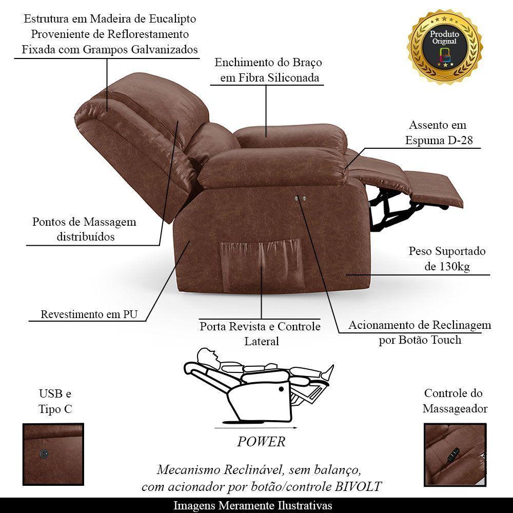 Poltrona Do Papai Reclinável Melim Power Touch Massagem Pu Marrom Brilho Fh1 - D'rossi - 3