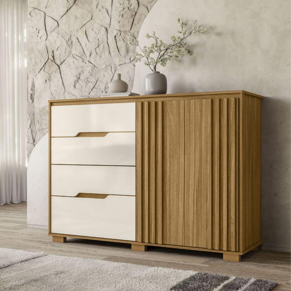 Cômoda Texas Com 4 Gavetas E 2 Portas Ripado Moval Freijo/off White - 1