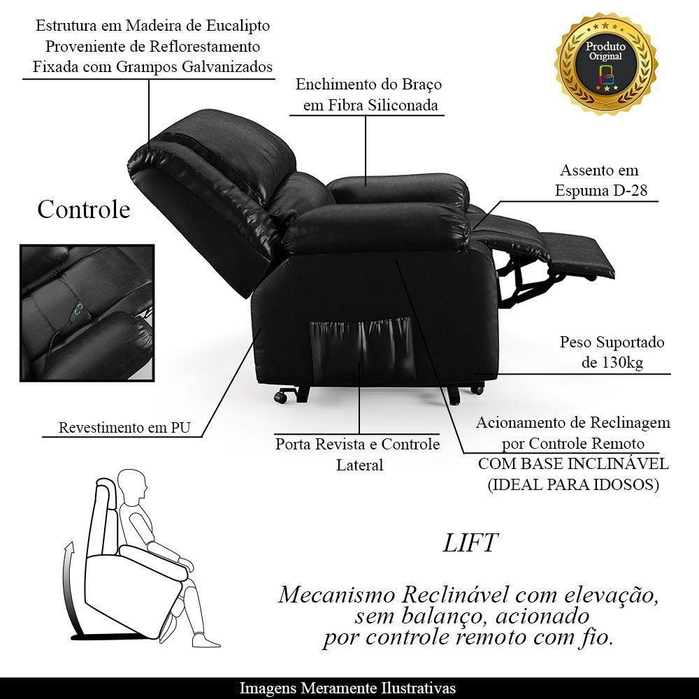 Poltrona Do Papai Reclinável Melim Elevação Lift Elétrico Pu Preto Brilho Fh1 - D'rossi - 8