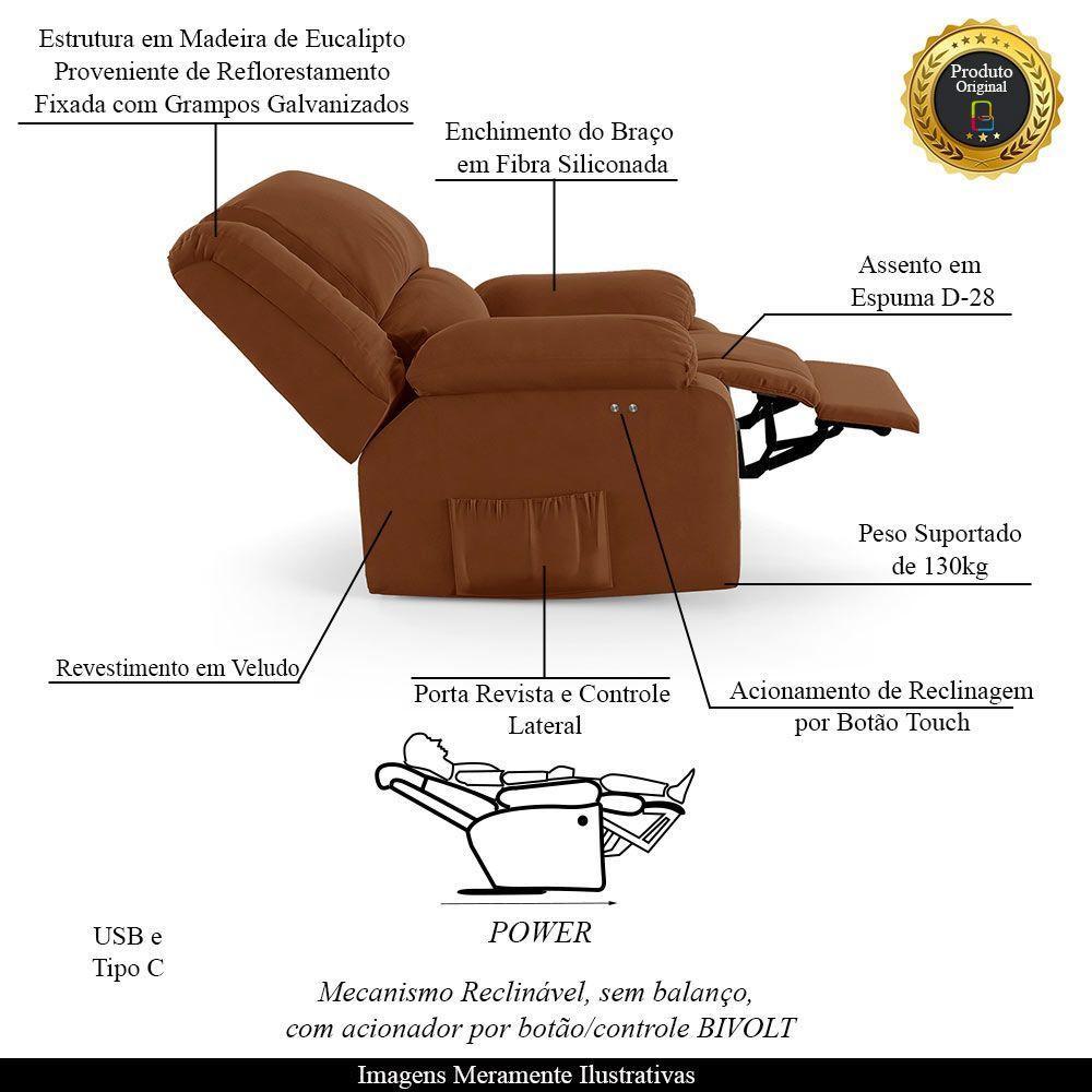 Poltrona Do Papai Reclinável Melim Power Touch Massagem Veludo Fh1 - D'rossi Cor Terracota - 7