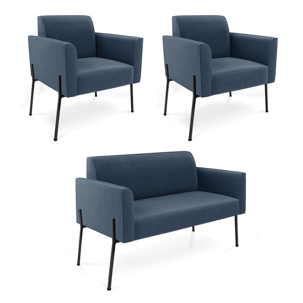 Sofá Namoradeira E 2 Poltronas Pé De Ferro Preto Marisa Suede Azul Marinho D03 - D'rossi - 1