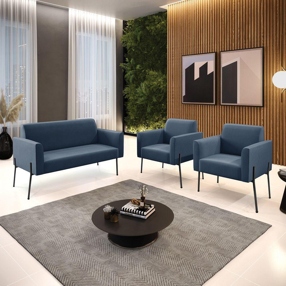 Sofá Namoradeira E 2 Poltronas Pé De Ferro Preto Marisa Suede Azul Marinho D03 - D'rossi - 2