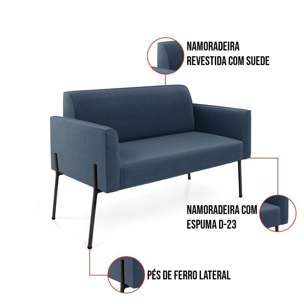 Sofá Namoradeira E 2 Poltronas Pé De Ferro Preto Marisa Suede Azul Marinho D03 - D'rossi - 7