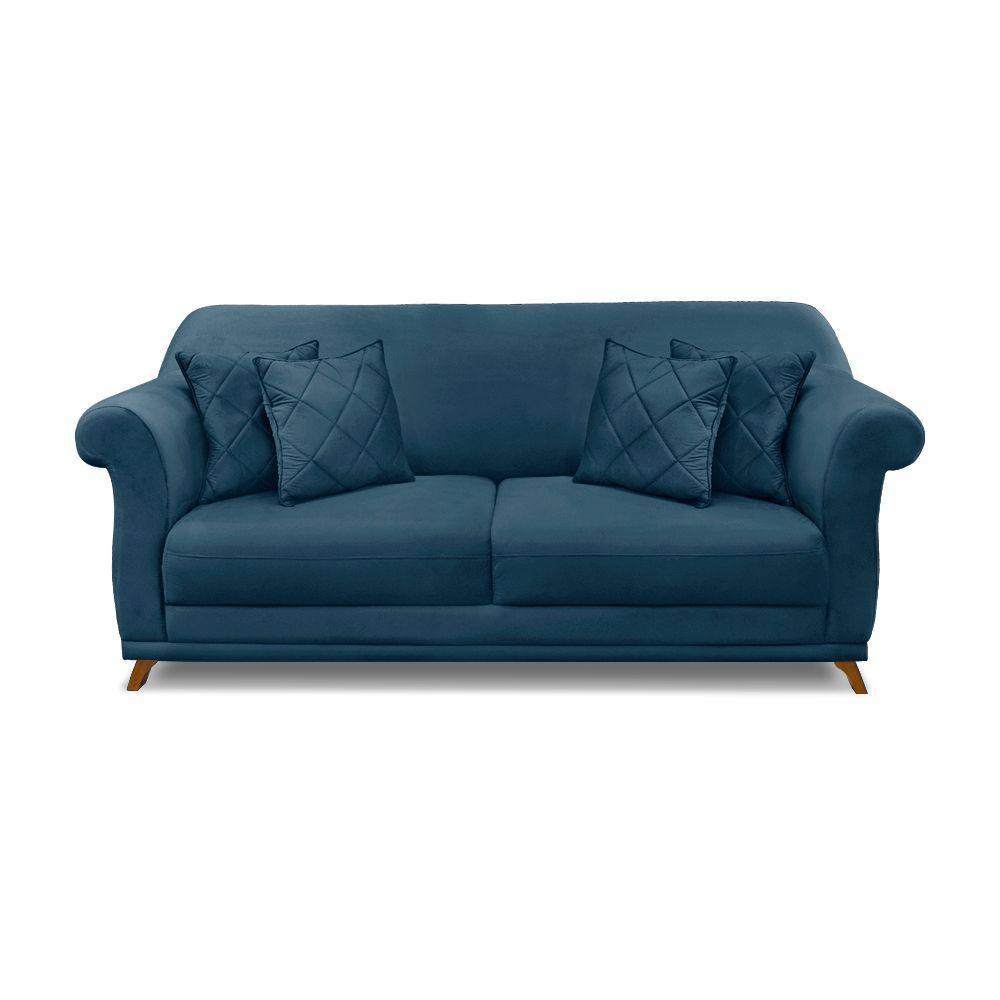 Sofá 3 Lugares Pé De Madeira Julieta 220 Cm Veludo S04 - D'rossi Cor Azul Marinho - 3