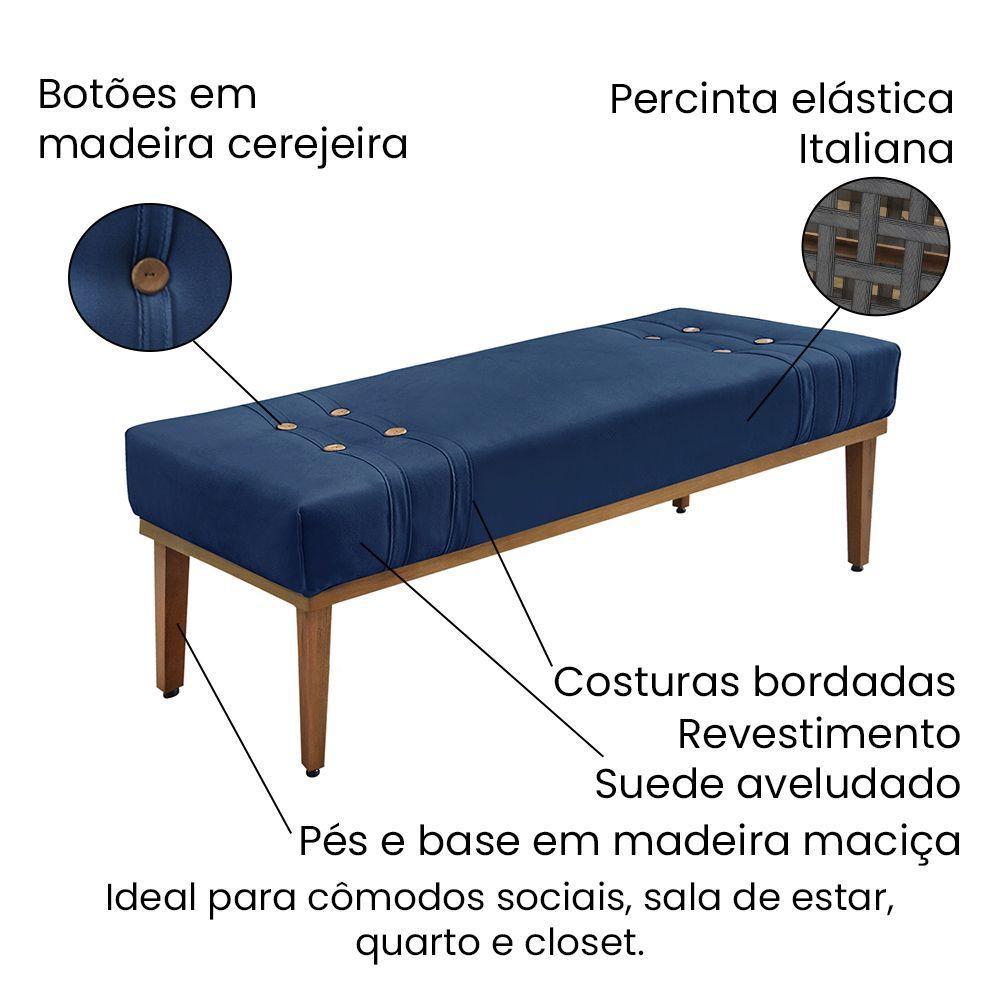 Divã Recamier Banco Base Madeira Para Quarto Gênova 160cm Suede Azul Marinho S04 - D'rossi - 2