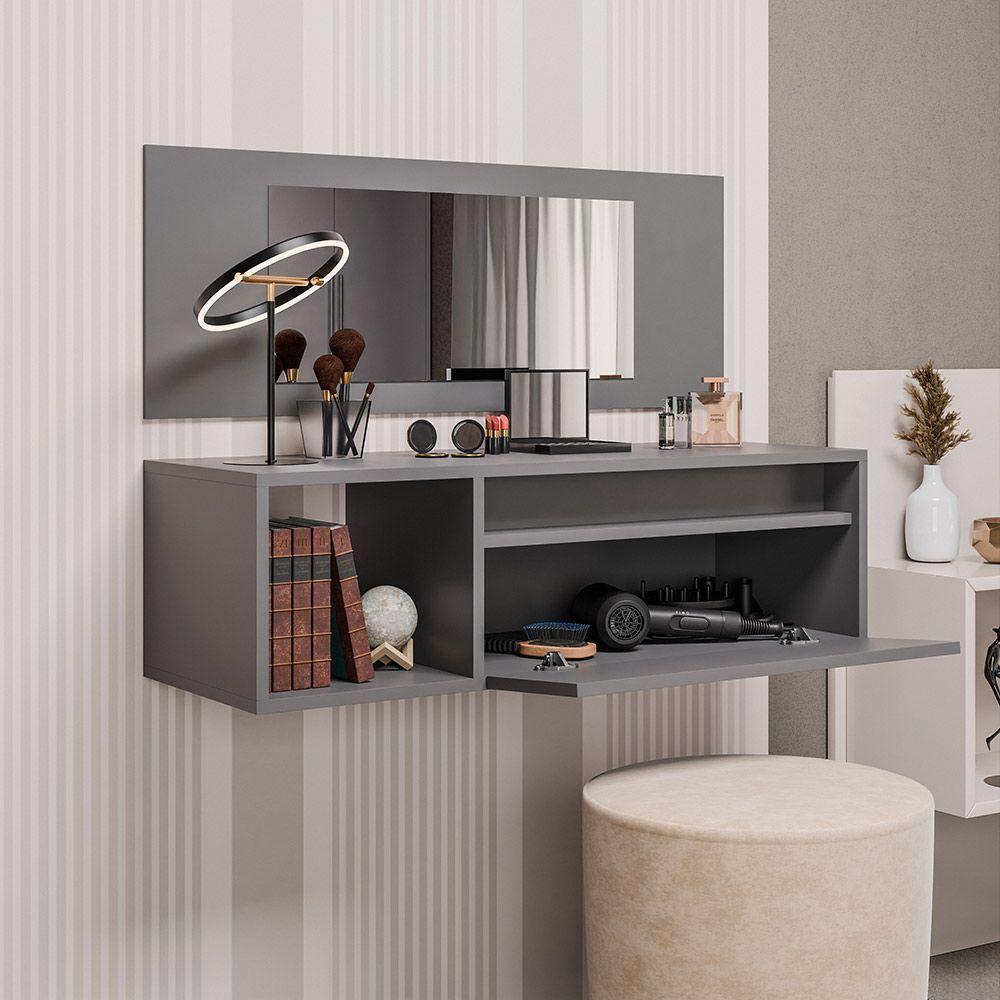 Penteadeira Camarin Suspenso Espelho 1p Nicho Quarto Mayumi 90cm Grafite M12 - D'rossi - 3