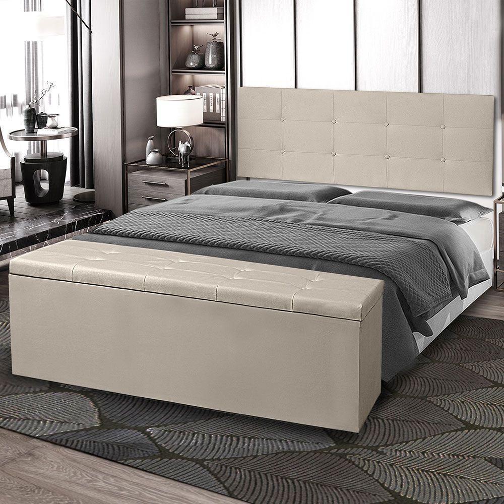 Kit Painel E Calçadeira Baú Casal 1,40m Berlim Suede - Pallazio Cor Bege - 7