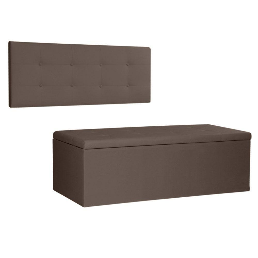 Kit Painel E Calçadeira Baú Casal 1,40m Berlim Suede - Pallazio Cor Marrom - 1