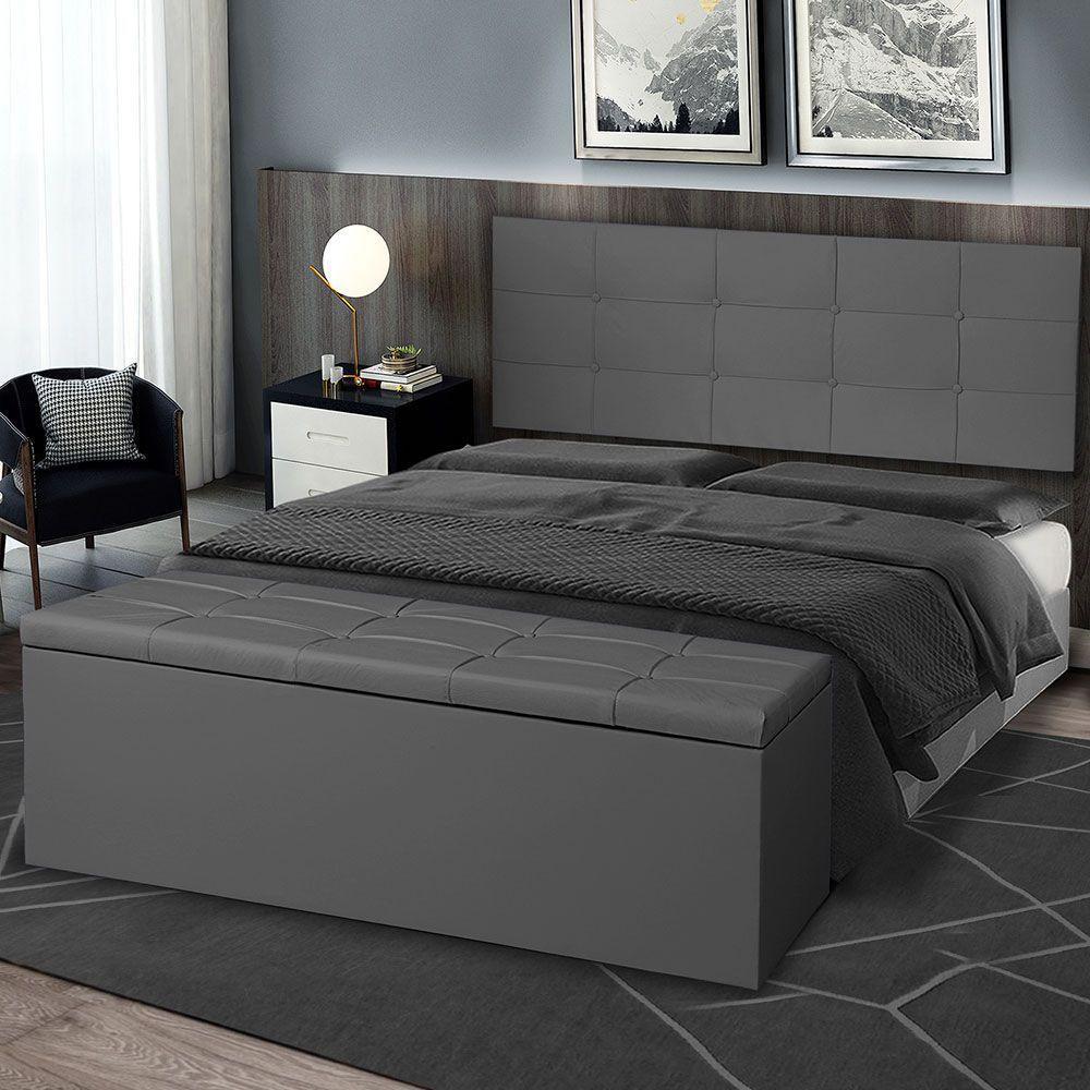 Kit Painel E Calçadeira Baú Casal 1,40m Roma Suede - Pallazio Cor Cinza - 5