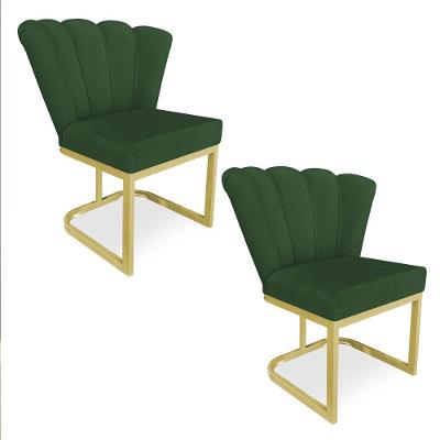Kit 02 Poltronas Flor Veludo Base Metálica Industrial Dourado - Pallazio Cor Verde