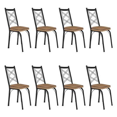 Kit 8 Cadeiras De Cozinha Delaware Estampado Rattan Bege Pés De Ferro Preto - Pallazio