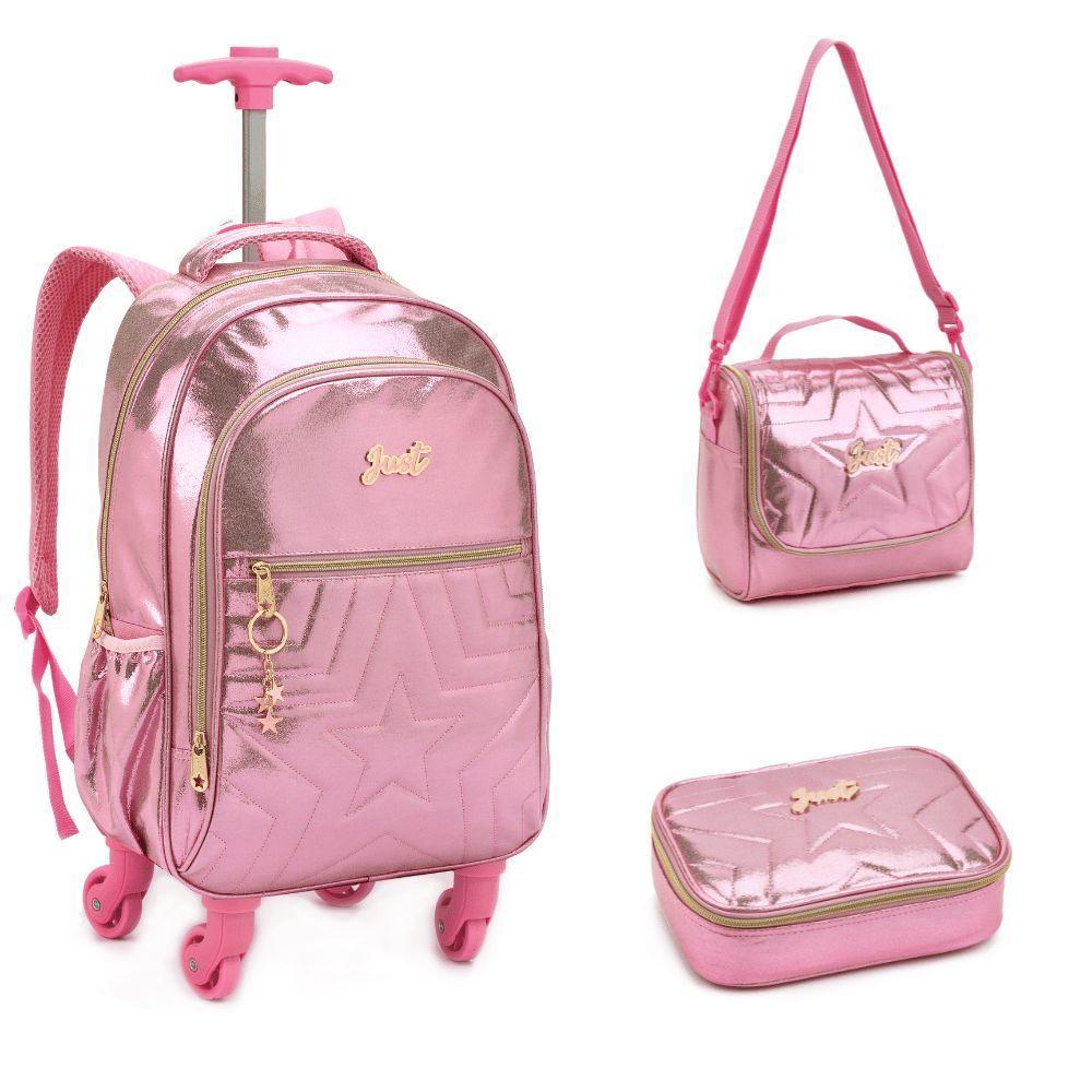 Kit Mochila De Rodinhas + Lancheira + Estojo Box Just Estrelas Denlex Rosa - 1