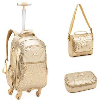Kit Mochila De Rodinhas + Lancheira + Estojo Box Just Estrelas Denlex Dourado