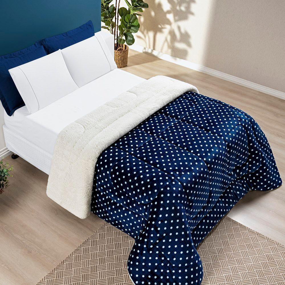 Coberdrom Estampado Sherpa E Flannel Petit Poá King 01 Peça Manta Alta 150g - Marinho. - 2