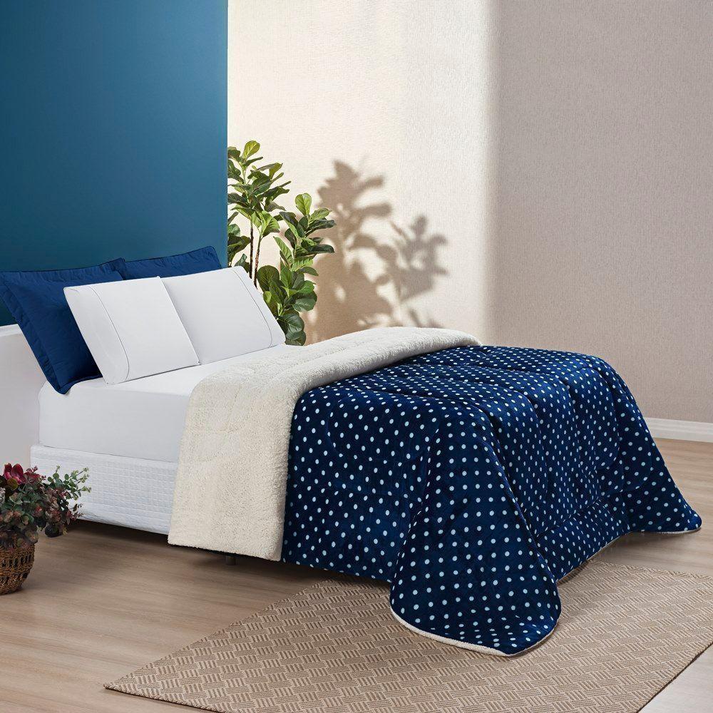 Coberdrom Estampado Sherpa E Flannel Petit Poá King 01 Peça Manta Alta 150g - Marinho. - 4
