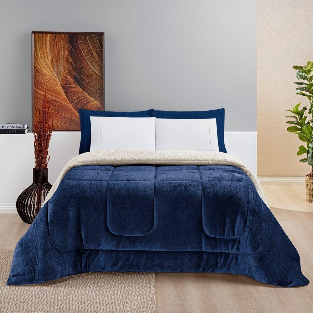 Coberdrom Sherpa E Flannel Everest Queen Manta Alta 150g 01 Peça - Marinho - 2