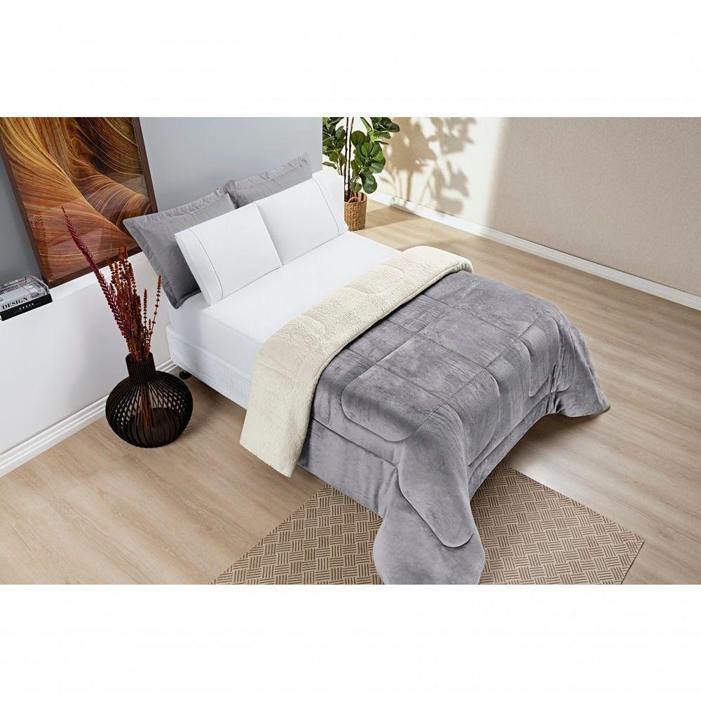 Coberdrom Sherpa E Flannel Everest Solteiro Manta Alta 150g 01 Peça - Cinza - 1